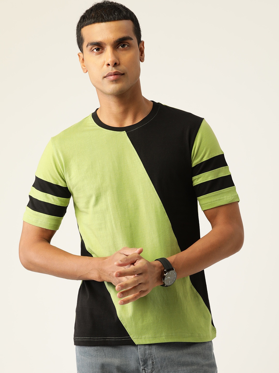 

Kushi Flyer Men Olive Green & Black Colourblocked Cotton T-shirt