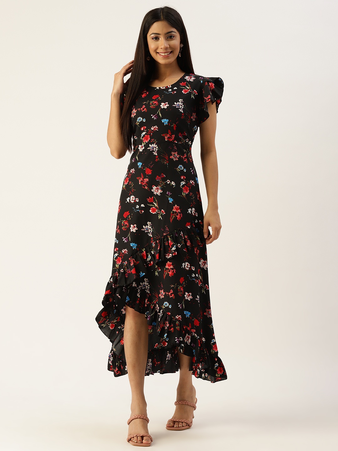 

Kushi Flyer Black & Red Floral Crepe A-Line Midi Dress