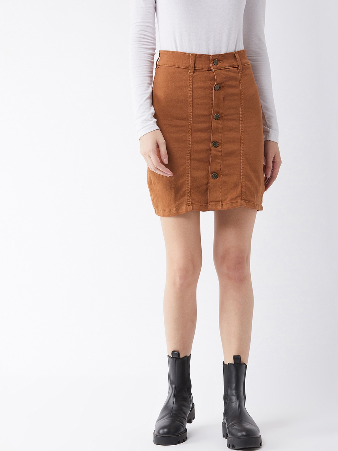 

Miss Chase Women Rust Solid Denim Pencil Skirt