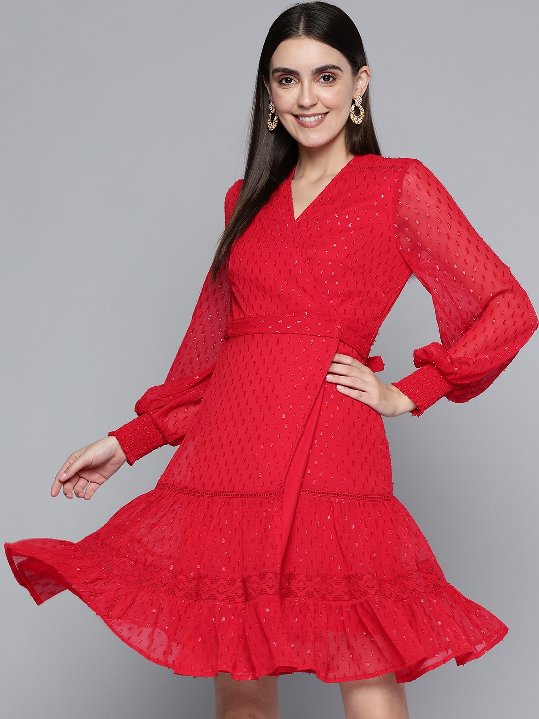 

Femella Women Red Woven Design Wrap Mini Dress