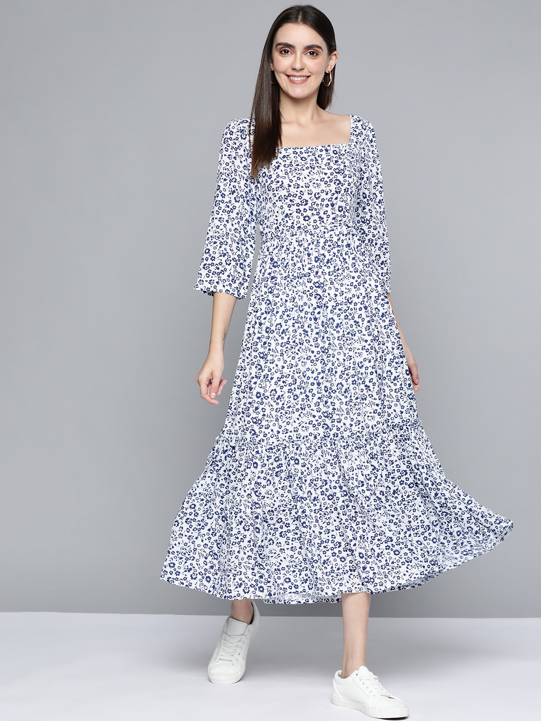 

Femella Women White & Navy Blue Floral Printed A-Line Maxi Dress