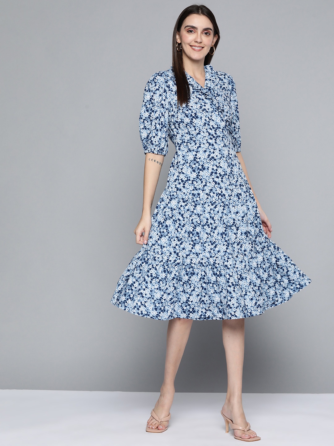 

Femella Women Blue & White Floral Printed Wrap Midi Dress