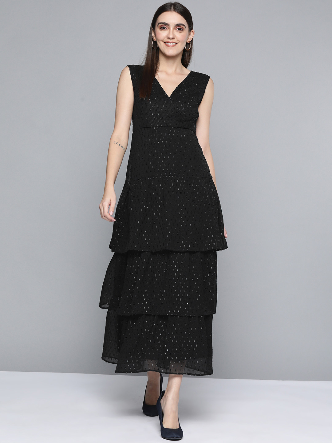 

Femella Women Black Dobby Weave Tiered Maxi Dress