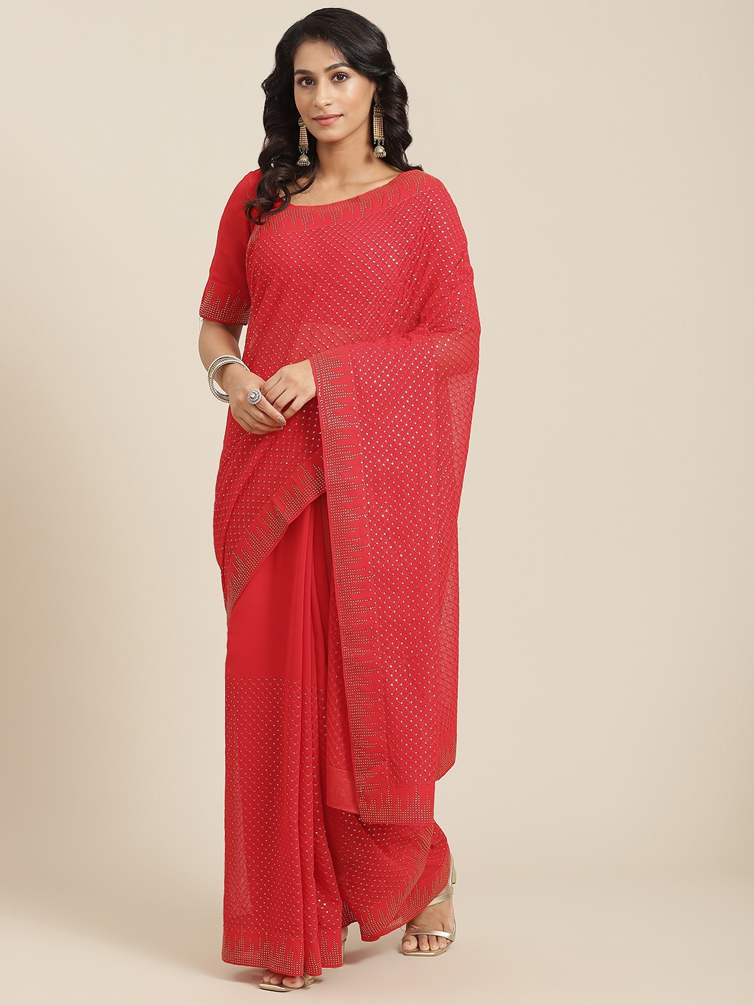 

SHUBHVASTRA Red Checked Embroidered Sequinned Pure Georgette Saree