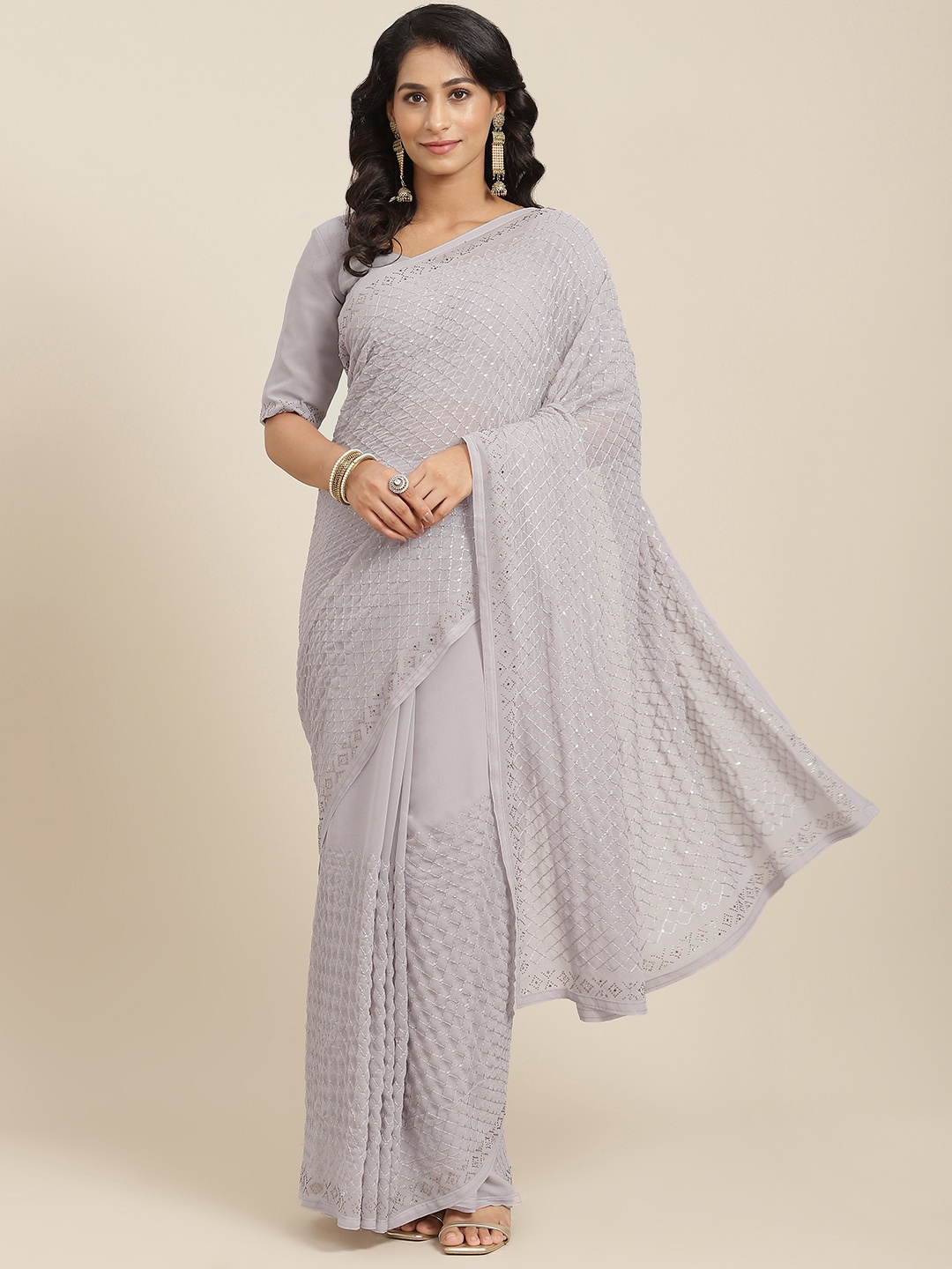 

SHUBHVASTRA Grey Checked Georgette Sequinned Saree