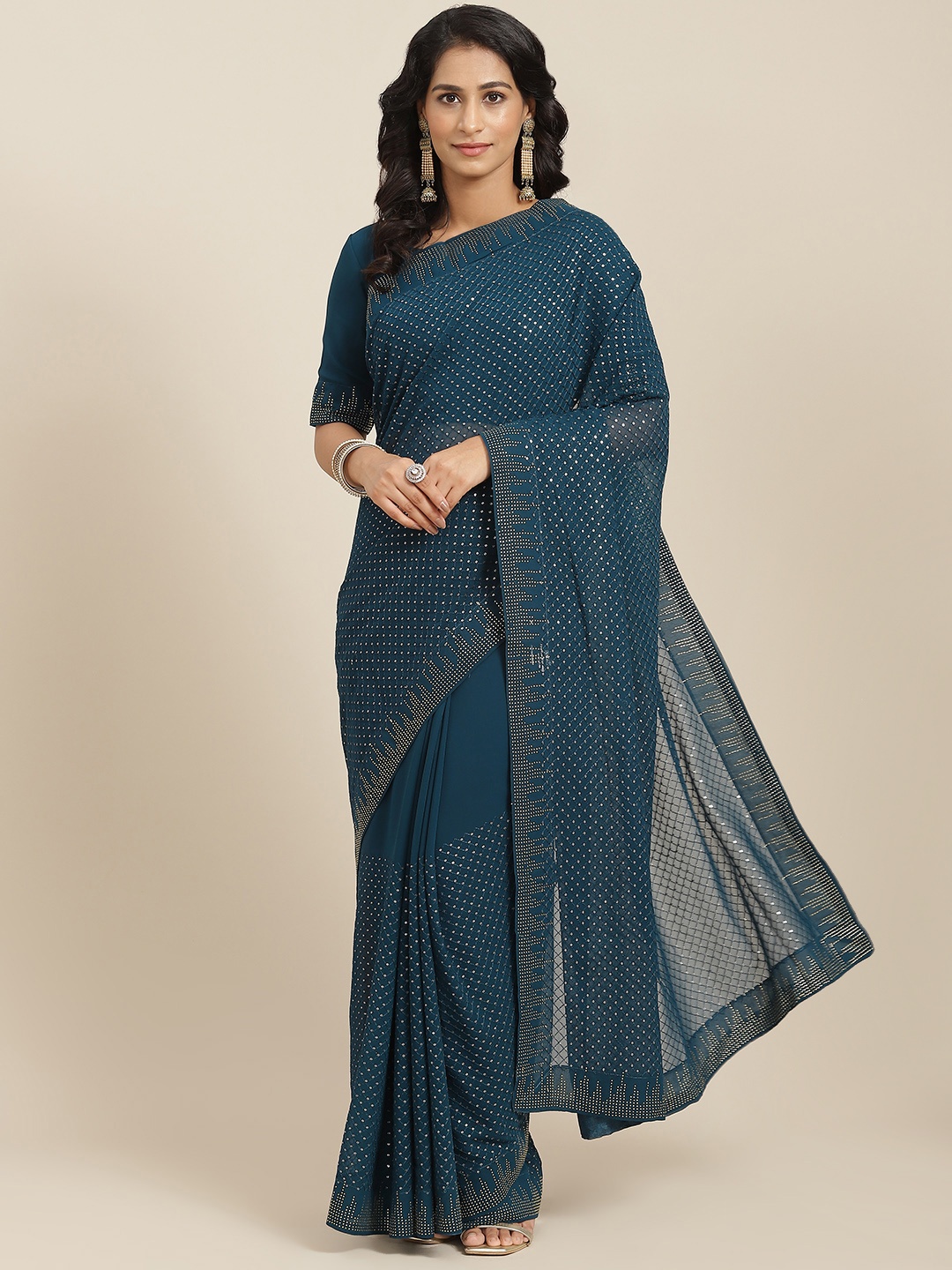 

SHUBHVASTRA Teal Blue Checked Embroidered Sequinned Pure Georgette Saree