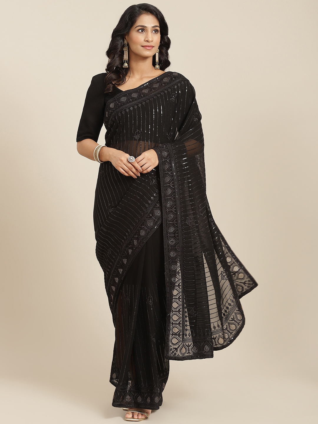 

SHUBHVASTRA Black Ethnic Motifs Embroidered Sequinned Pure Georgette Saree