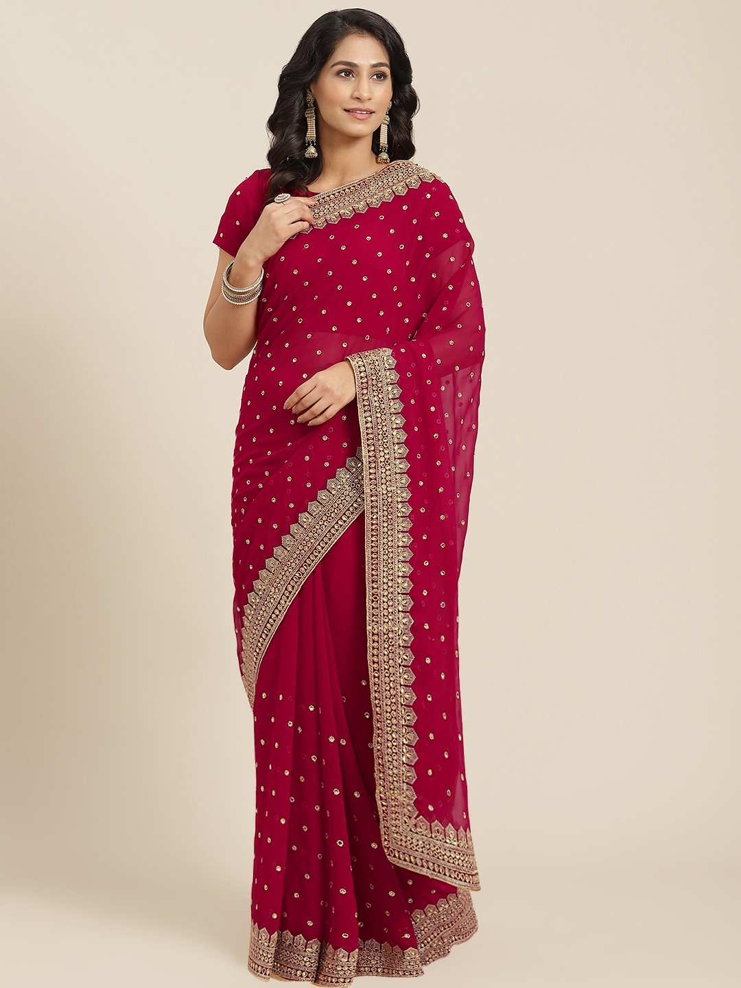 

SHUBHVASTRA Magenta Ethnic Motifs Embroidered Beads and Stones Pure Georgette Saree