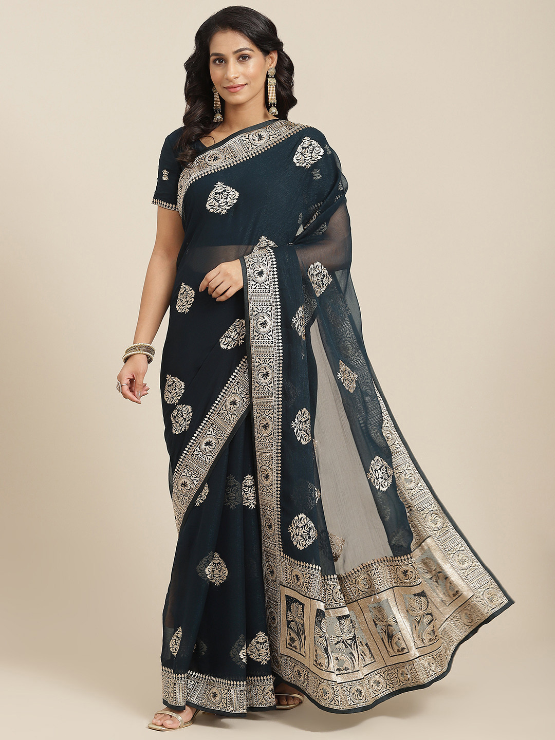 

SHUBHVASTRA Teal Blue & Golden Ethnic Motifs Silk Blend Saree