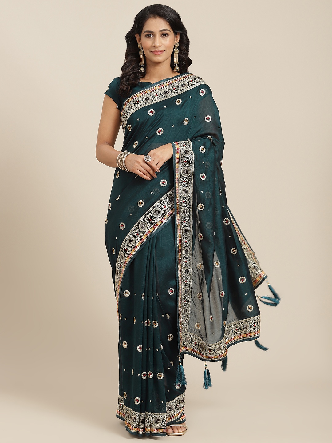 

SHUBHVASTRA Green Ethnic Motifs Embroidered Silk Blend Saree