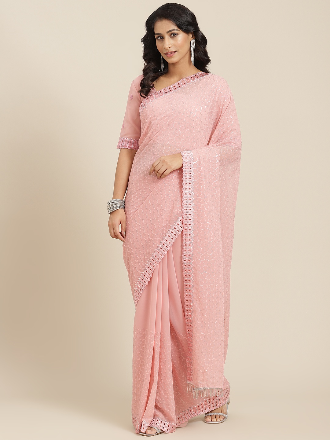

SHUBHVASTRA Pink Ethnic Motifs Pure Embroidered Georgette Saree