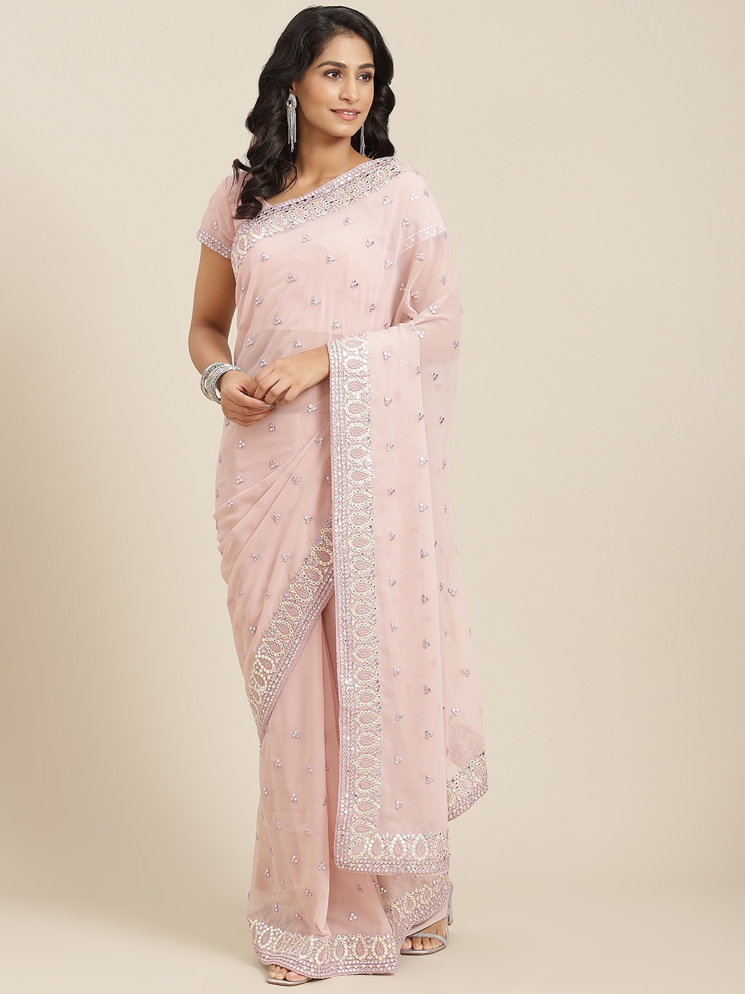 

SHUBHVASTRA Ethnic Motifs Embroidered Beads and Stones Pure Georgette Saree, Na