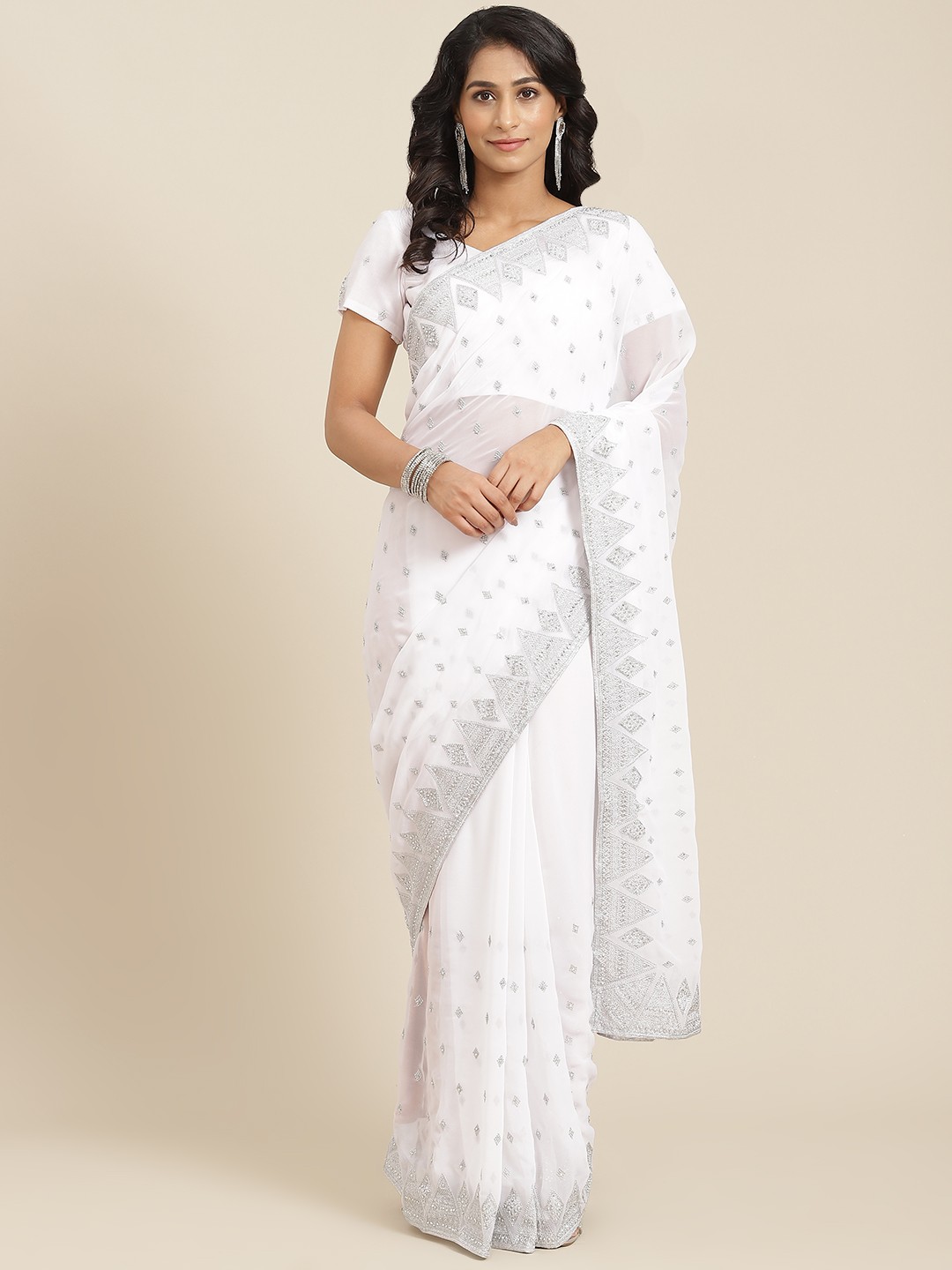 

SHUBHVASTRA White Ethnic Motifs Embroidered Beads and Stones Pure Georgette Saree