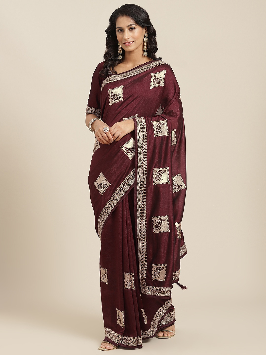 

SHUBHVASTRA Maroon Ethnic Motifs Embroidered Silk Blend Saree