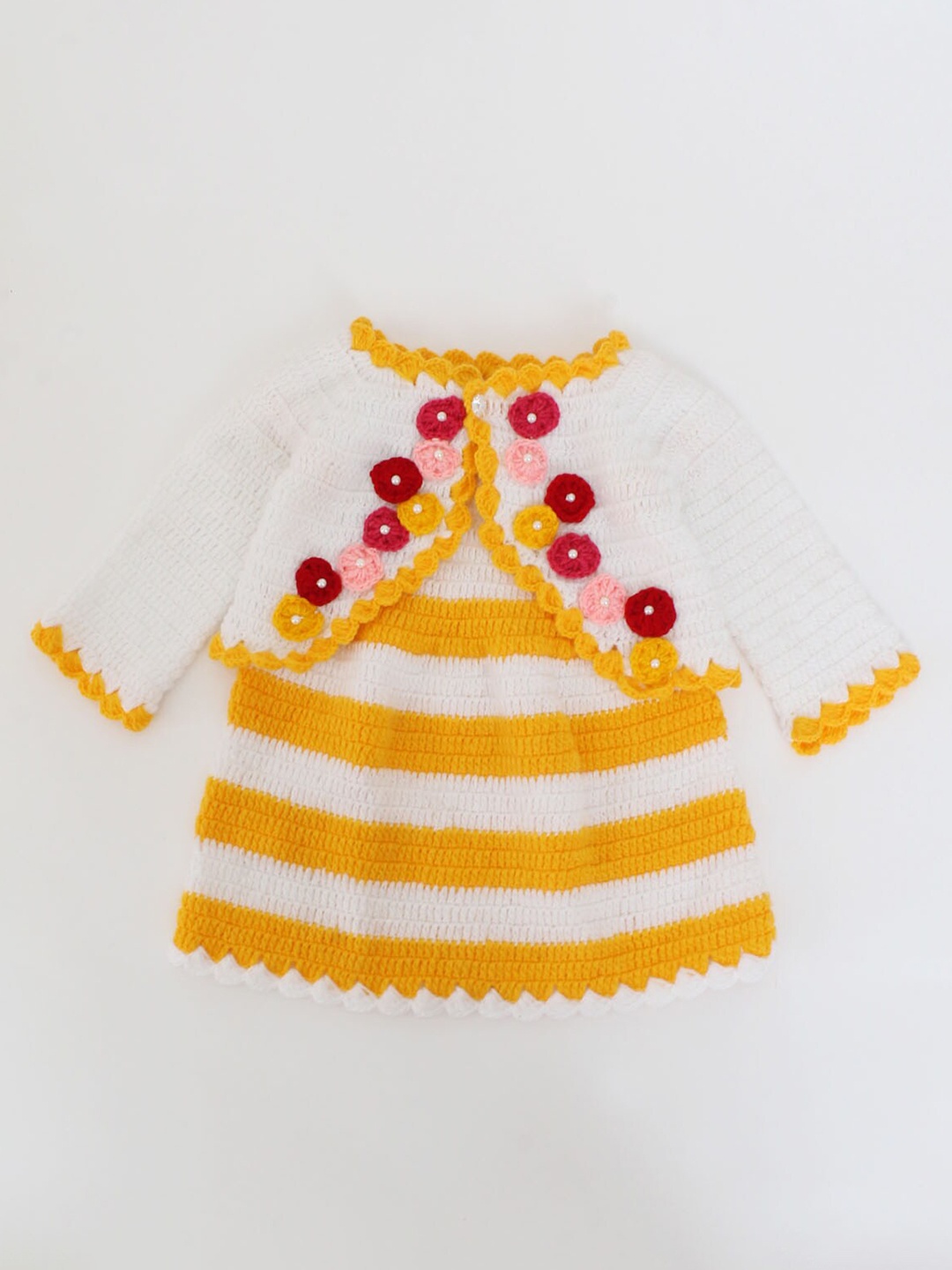 

Woonie Girls White & Yellow Striped A-Line Dress With Shrug