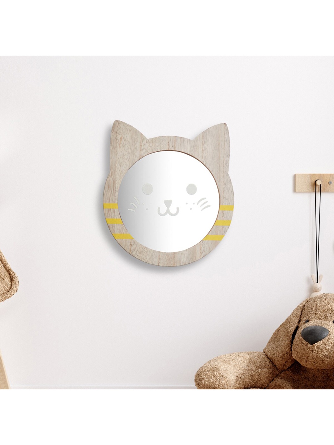 Home Centre Brown Cat Shaped Wooden Wall Mount Mirror