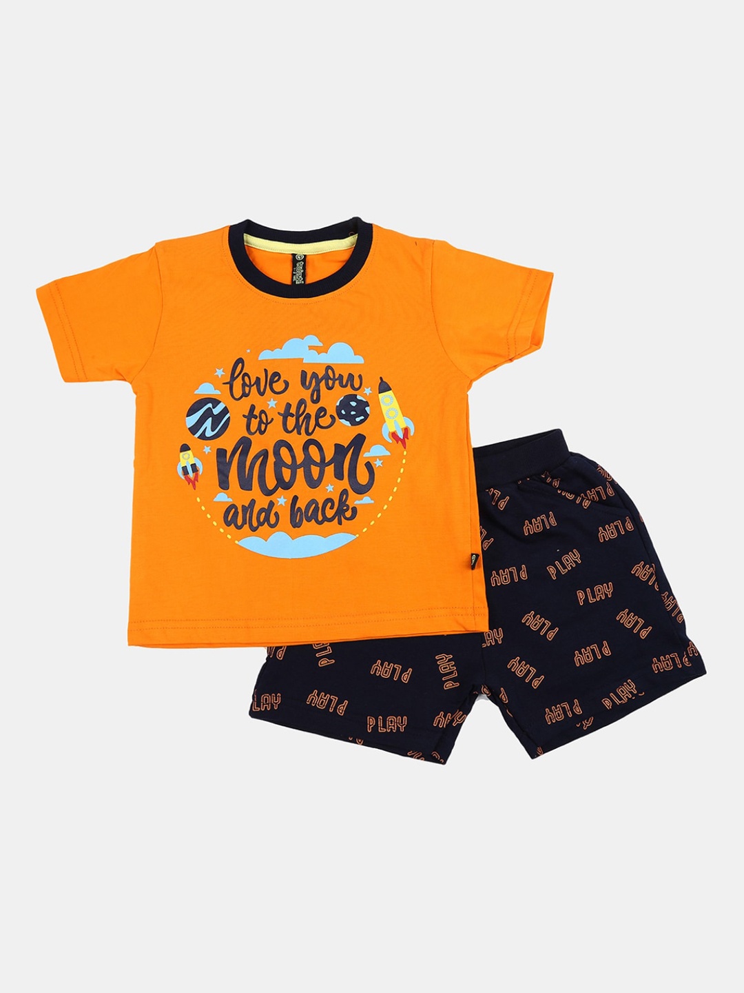 

V-Mart Boys Orange & Black Printed Pure Cotton T-shirt with Shorts