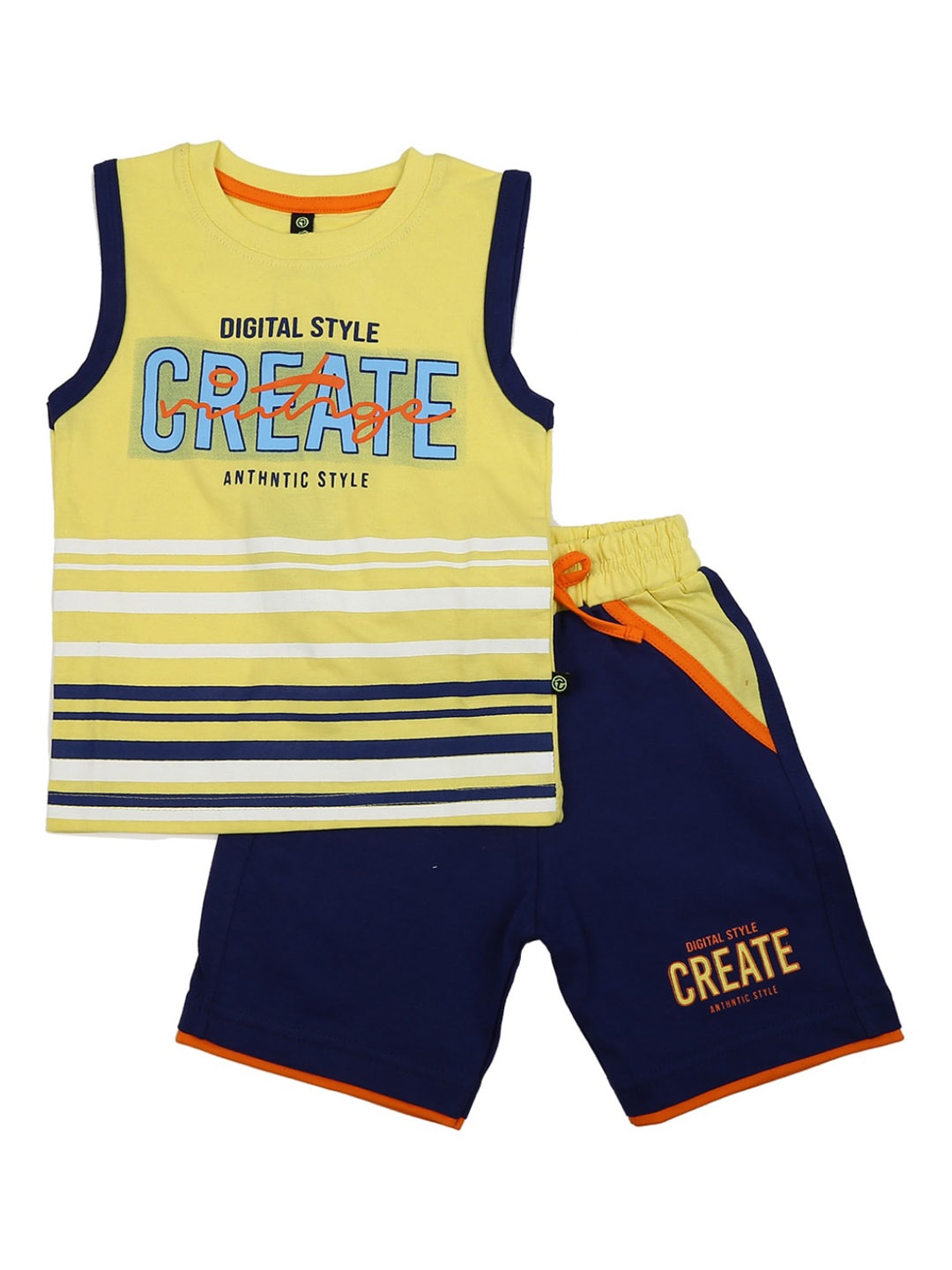 

V-Mart Boys Yellow & Navy Blue Printed Cotton T-shirt with Shorts