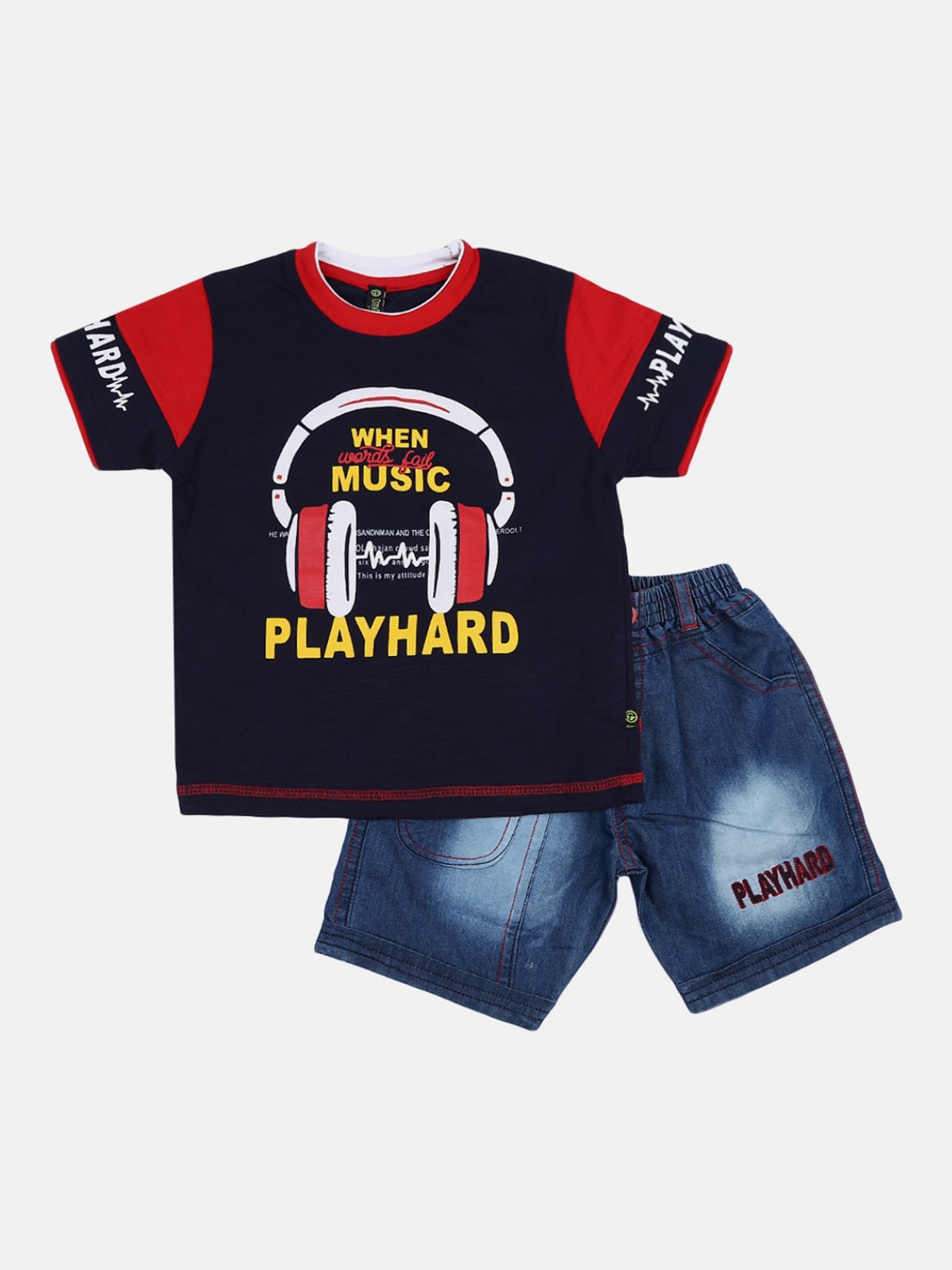 

V-Mart Boys Navy Blue & Red Printed Cotton T-shirt with Shorts