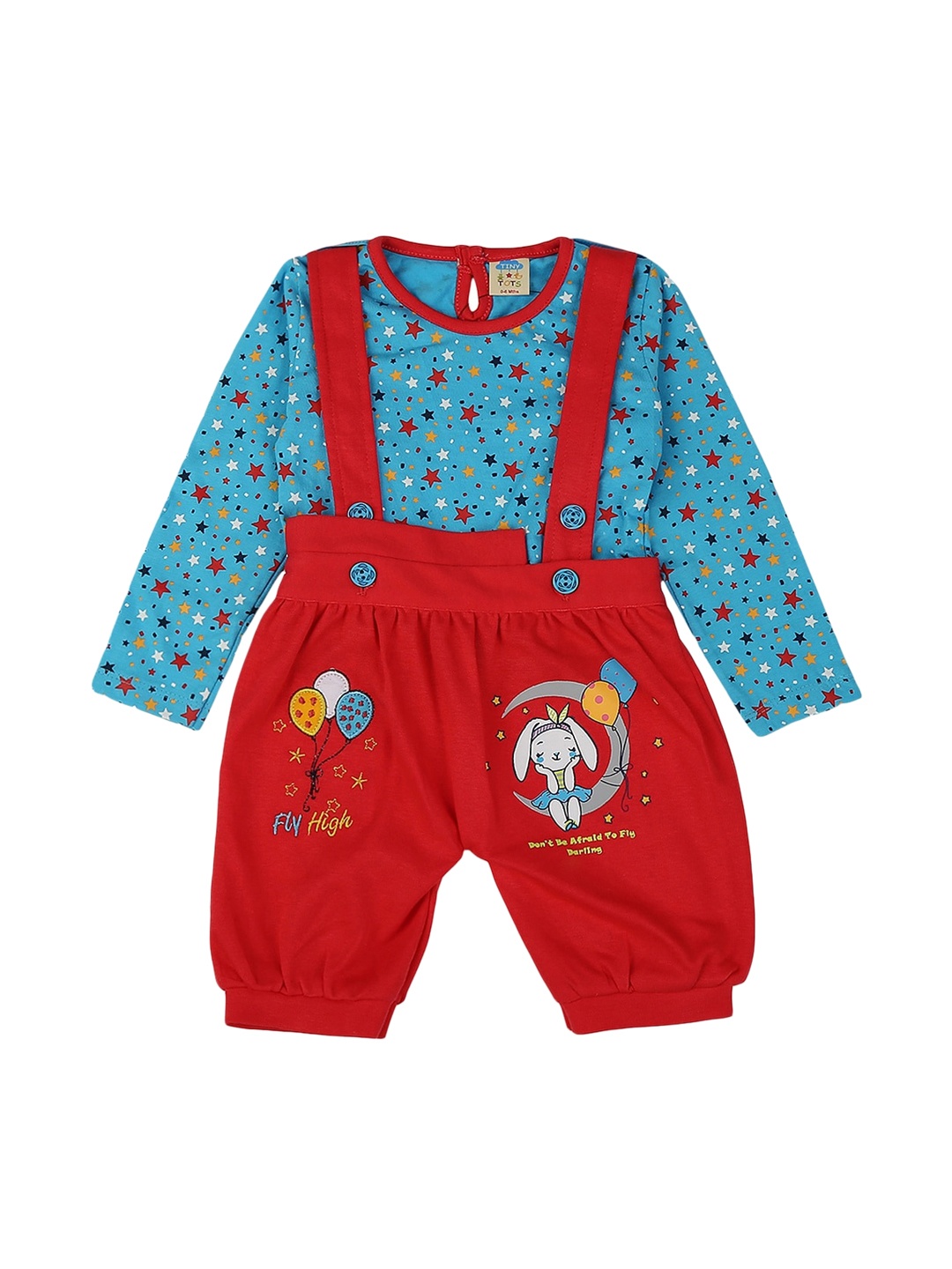 

V-Mart Kids Blue & Red Printed Pure Cotton T-shirt with Dungaree