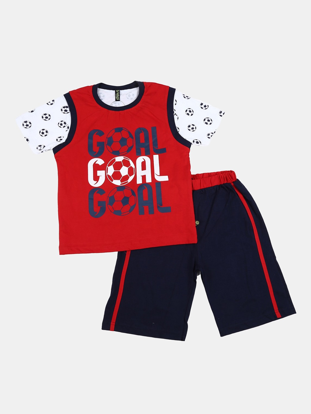 

V-Mart Boys Red & Navy Blue Printed Pure Cotton T-shirt With Shorts