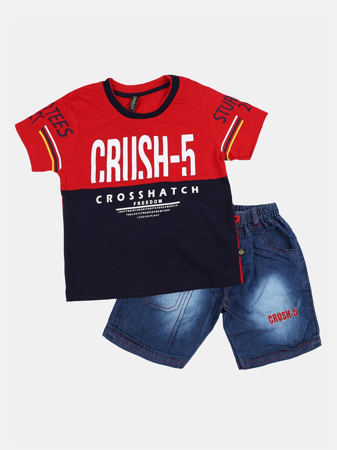 

V-Mart Boys Red & Navy Blue Printed Pure Cotton T-shirt with Shorts