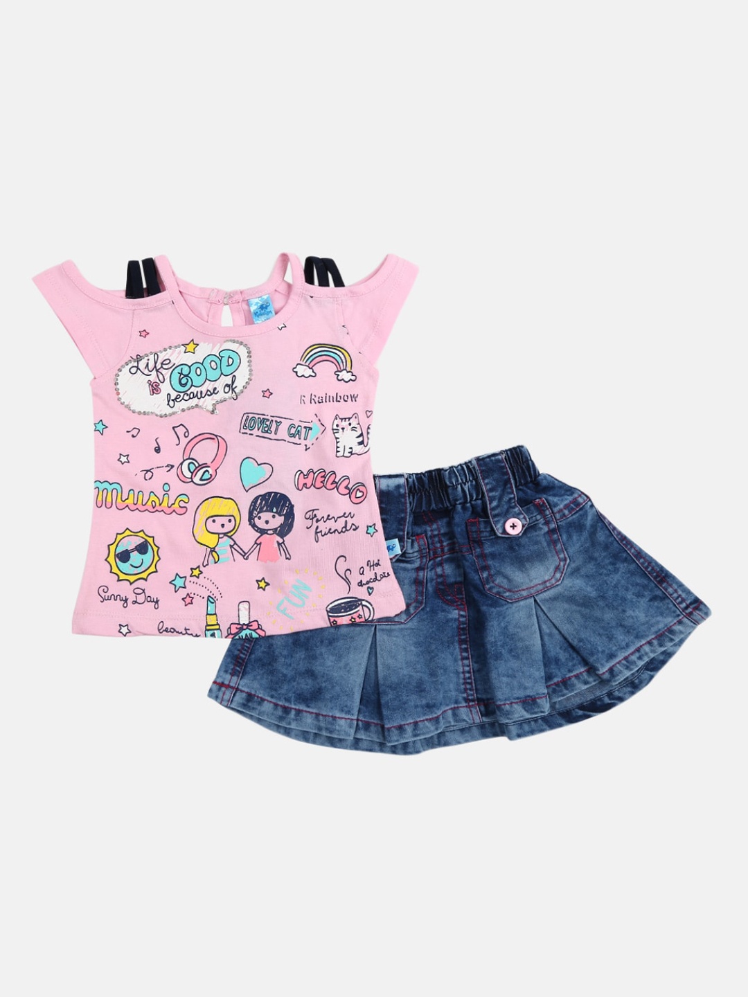 

V-Mart Infant Girls Pink & Navy Blue Printed Cotton Top with Skirt