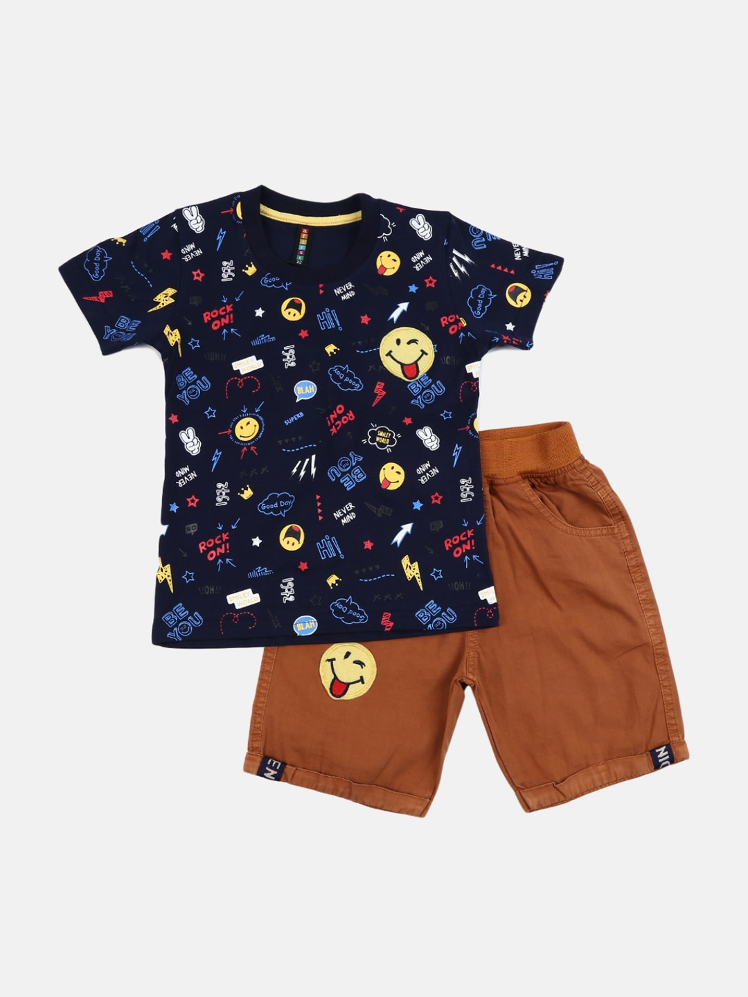

V-Mart Boys Navy Blue & Brown Pure Cotton T-shirt with Shorts