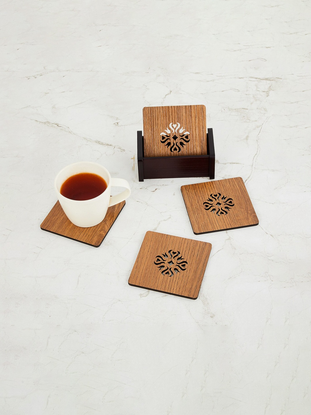 

Home Centre Set of 4 Brown Reversible Coasters with Holder