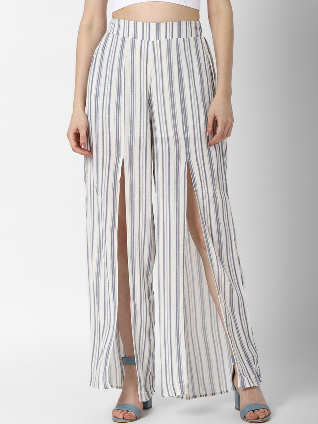 

FOREVER 21 Women Cream-Coloured & Grey Striped Palazzos With Slits