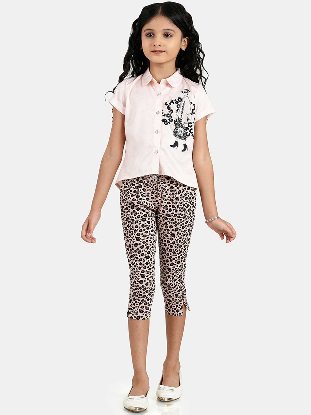 

Peppermint Girls Peach-Coloured & Brown Printed Top with Capris