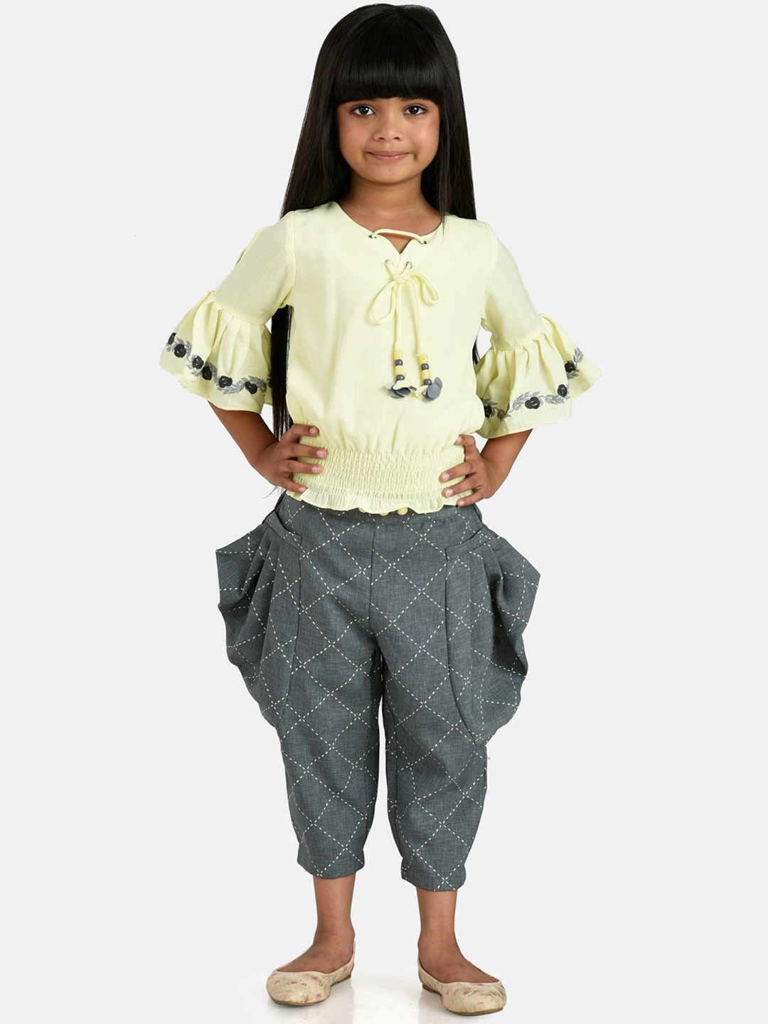 

Peppermint Girls Yellow & Blue Printed Top & Dhoti Pants