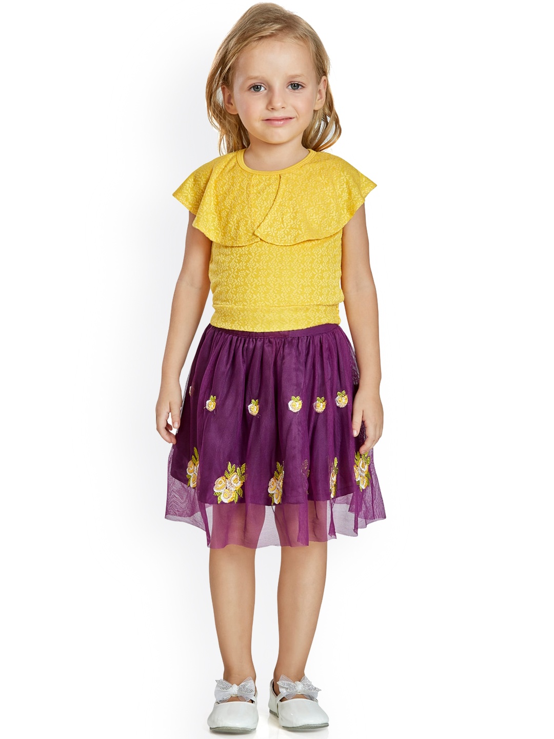 

Peppermint Girls Purple & Yellow Printed Top with Skirt