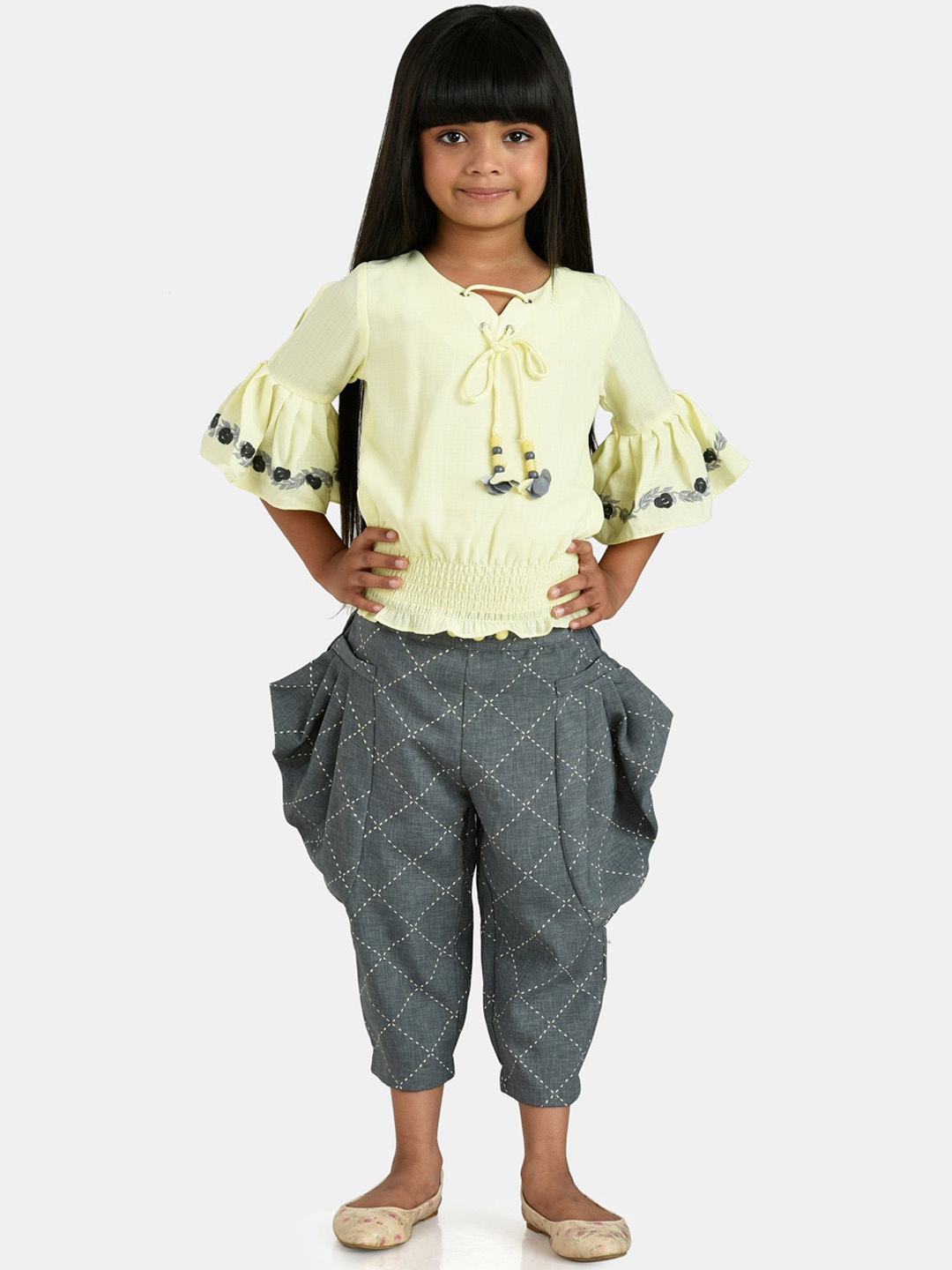 

Peppermint Girls Yellow & Grey Top with Dhoti Pants