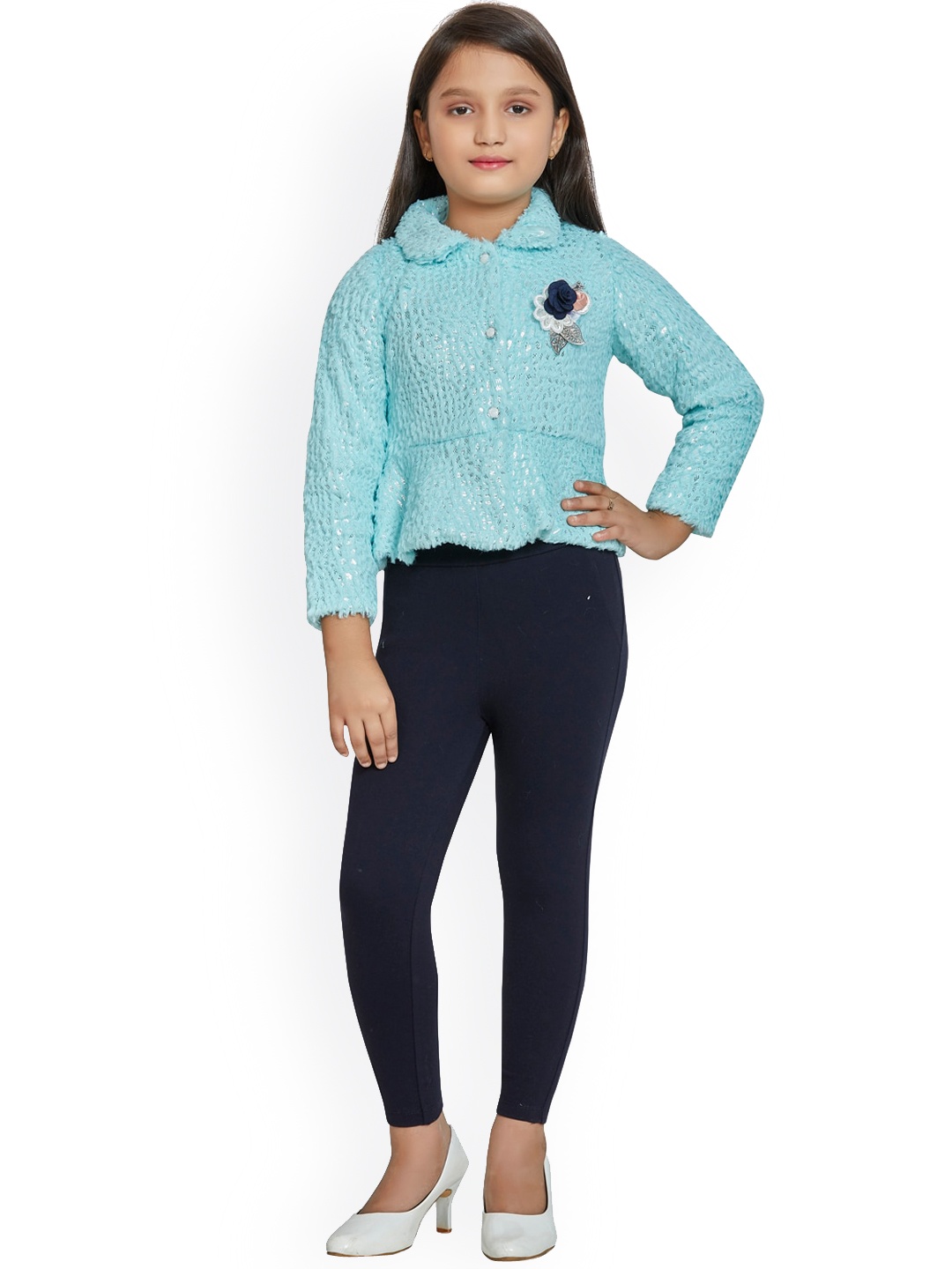 

Peppermint Girls Sea Green & Navy Blue Self Design Cotton Clothing Set