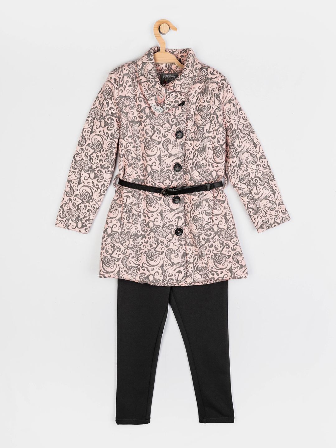 

Peppermint Girls Peach-Coloured & Grey Printed Long Line Top with Trousers