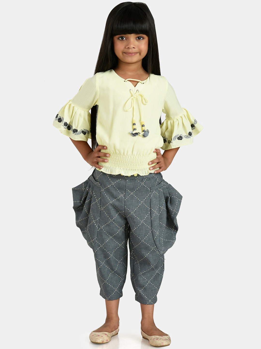 

Peppermint Girls Yellow & Grey Top with Dhoti Pants