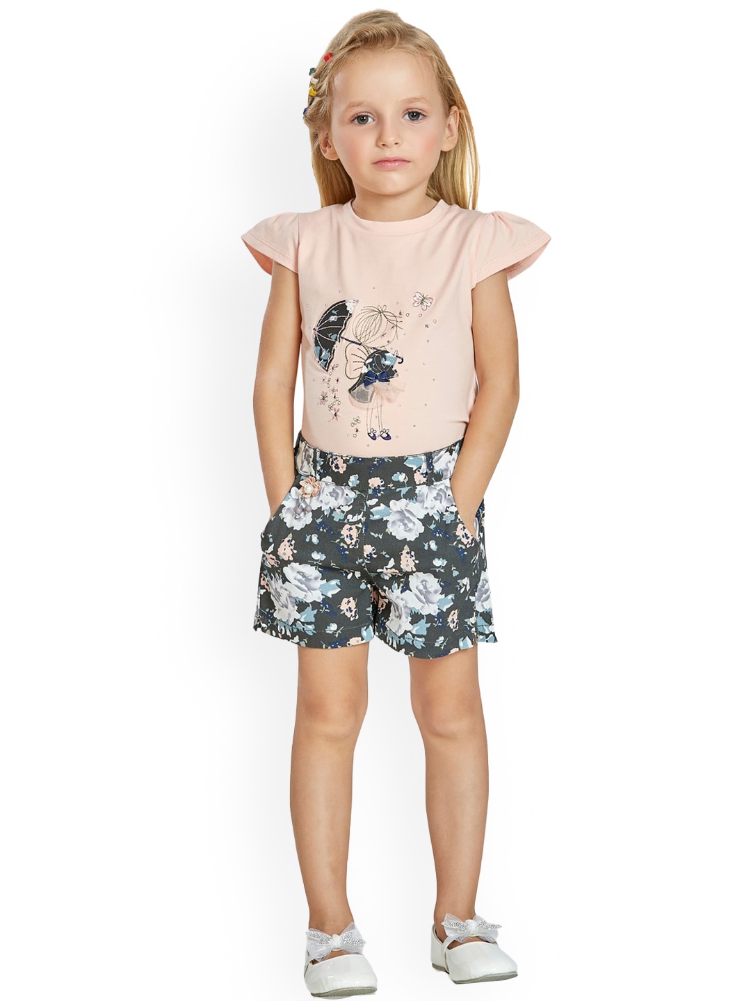 

Peppermint Girls Peach-Coloured & Blue Printed Top with Shorts