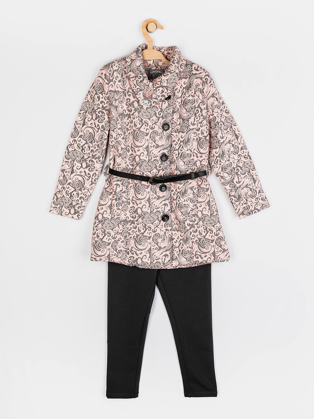 

Peppermint Girls Peach-Coloured & Black Printed Longline Shirt with Trousers