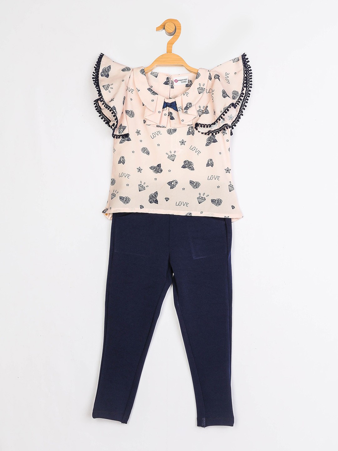 

Peppermint Girls Navy Blue & Cream-Coloured Printed Top with Trousers