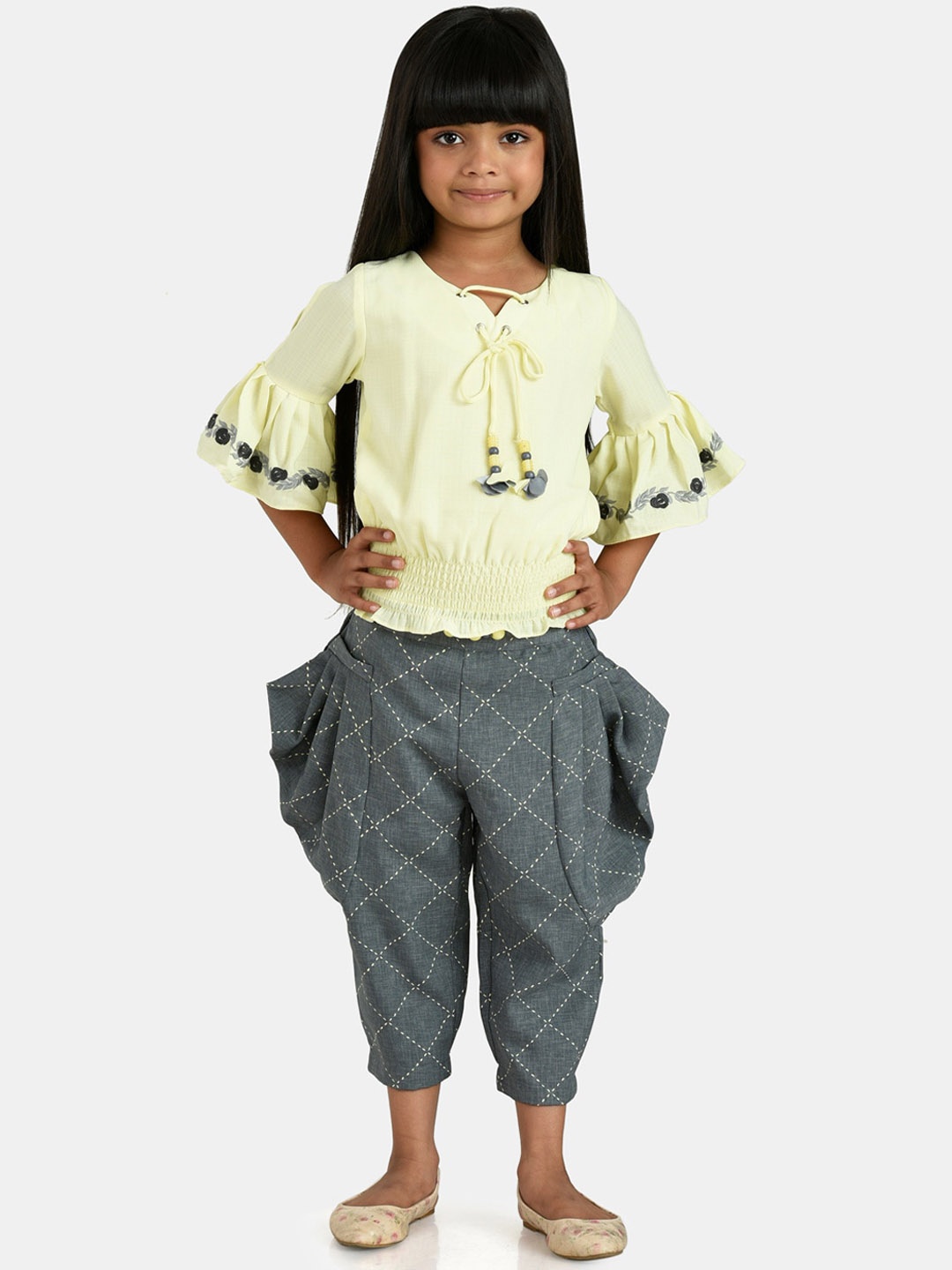 

Peppermint Girls Yellow & Blue Embellished Top with Dhoti Pants