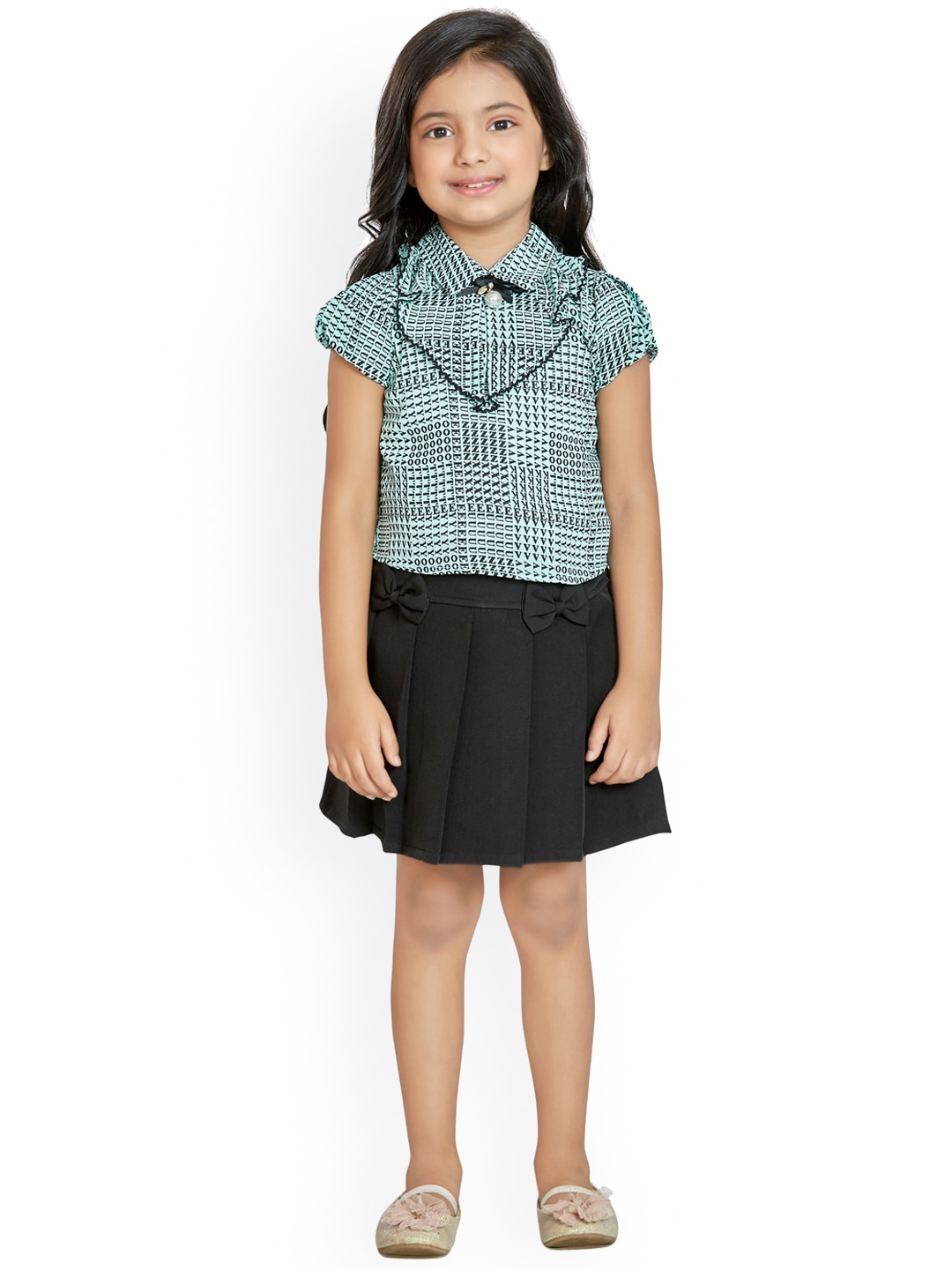 

Peppermint Girls Green & Black Printed Top with Skirt