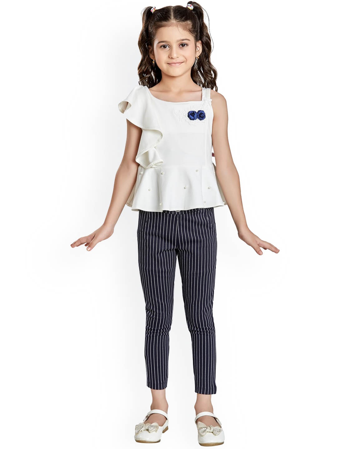 

Peppermint Girls Navy Blue & White Embellished Top with Trousers
