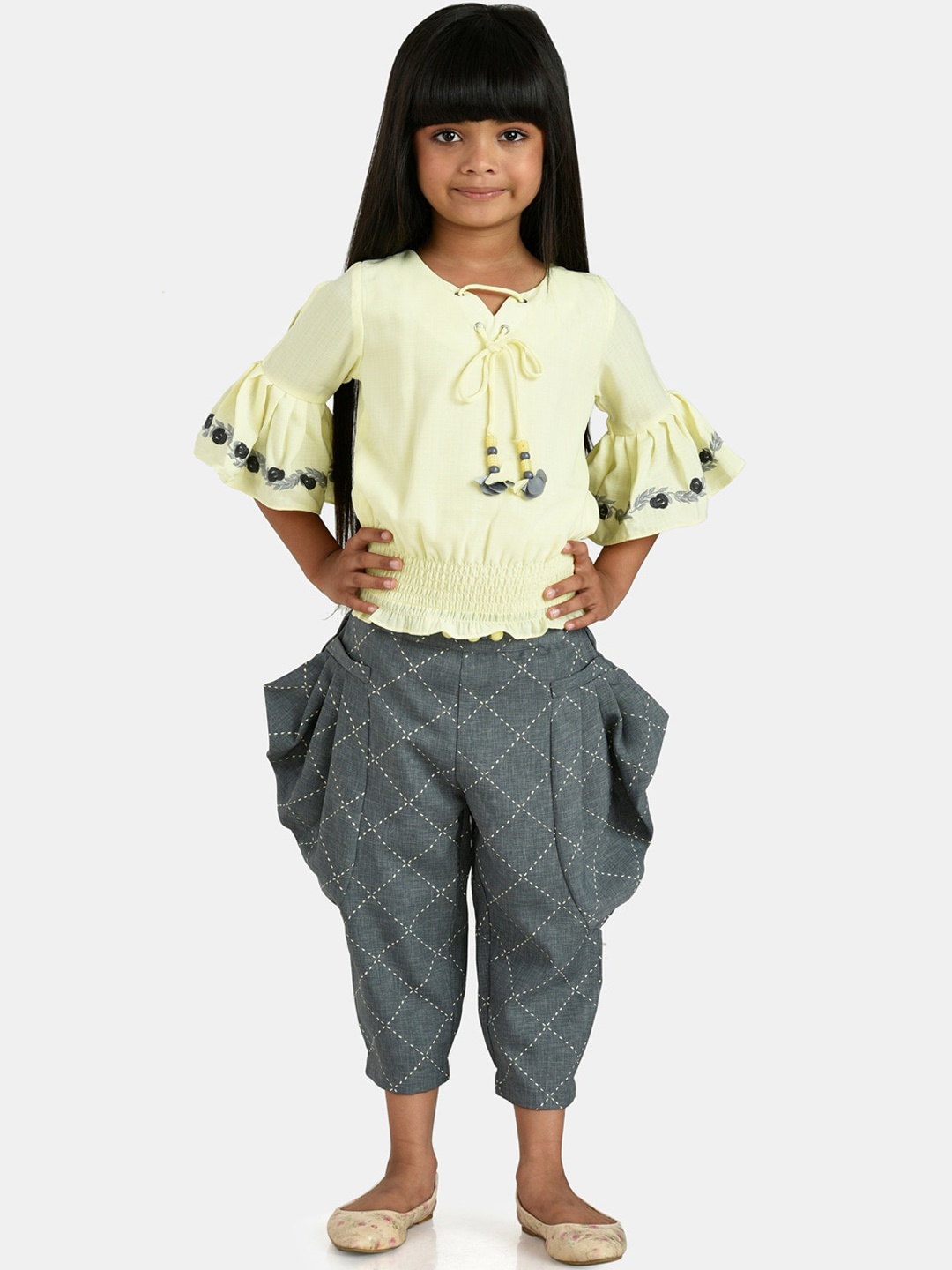 

Peppermint Girls Yellow & Grey Printed Top with Dhoti Pants