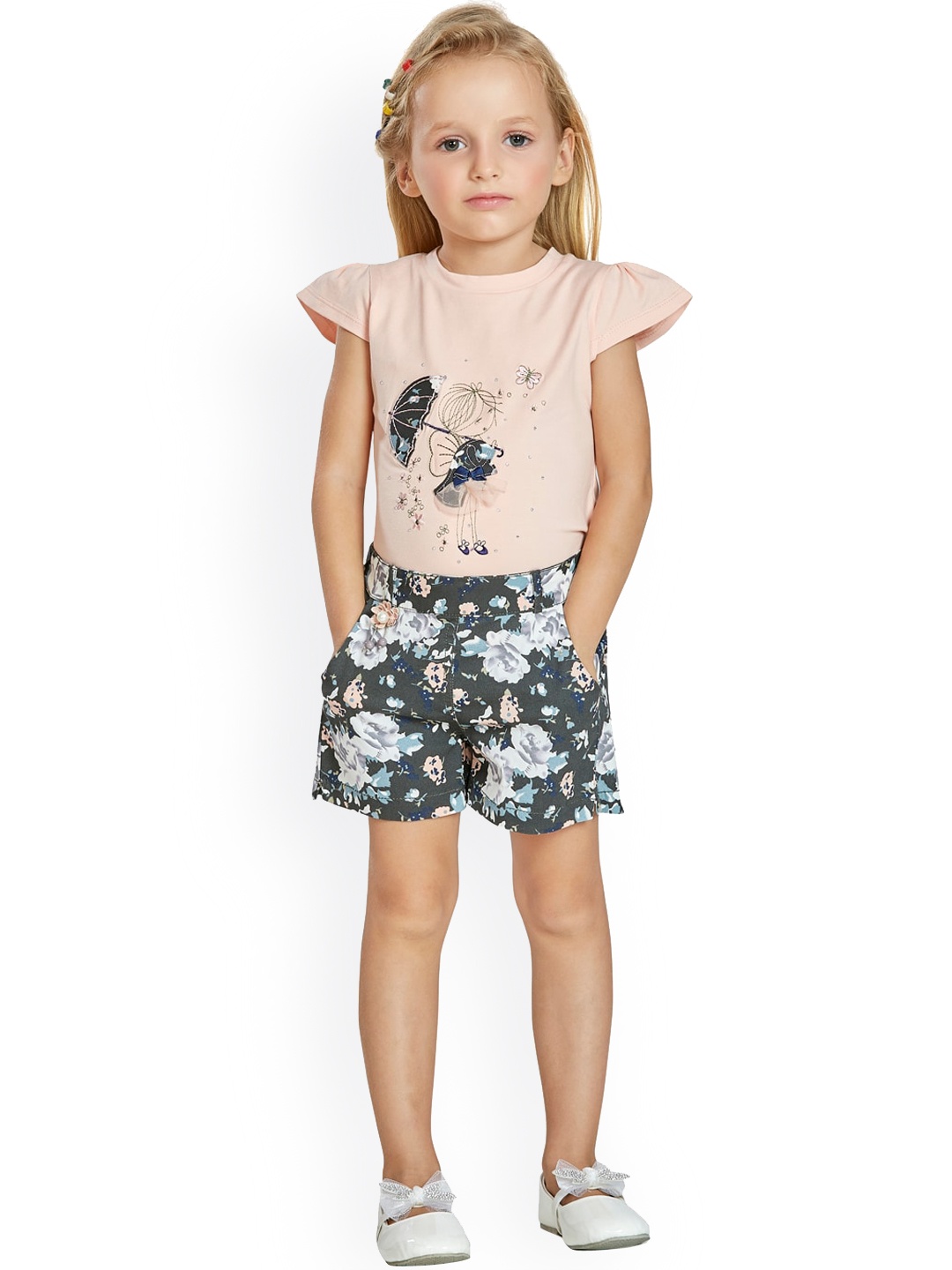 

Peppermint Girls Peach-Coloured Printed T-shirt with Trousers