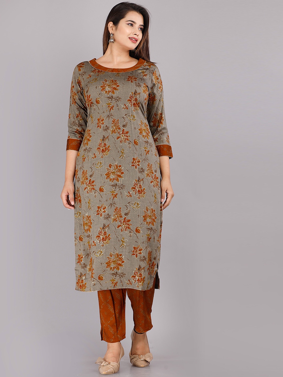 

KALINI Women Grey and Brown Ethnic Motifs Printed Kurta with Palazzos