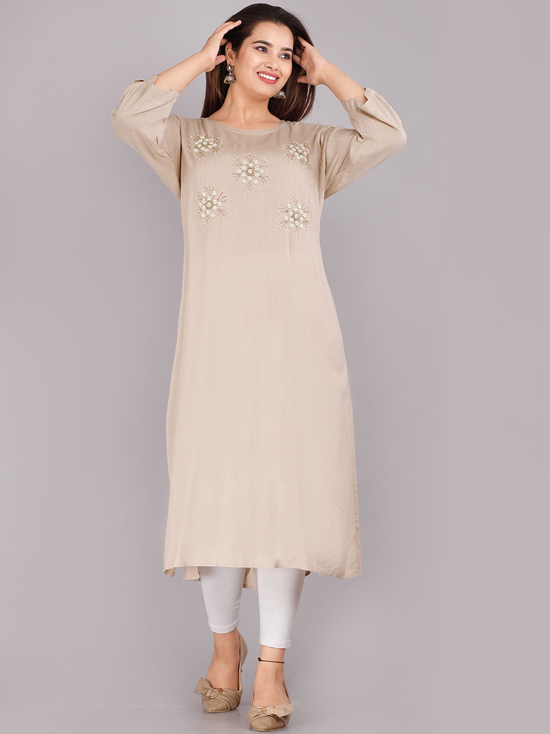 

KALINI Women Beige Embroidered Kurta