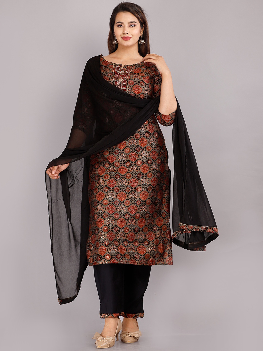 

KALINI Women Black Ethnic Motifs Pure Cotton Kurta with Trousers & With Dupatta