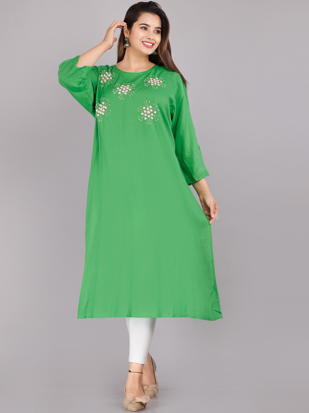 

KALINI Women Green Floral Yoke Design Thread Work Kurta