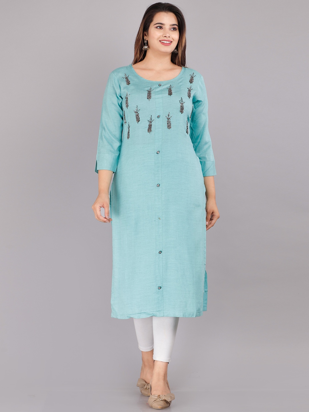 

KALINI Women Blue Solid Cotton Round Neck Kurta